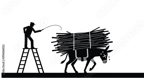 Man standing on a ladder holds a whip over a tired donkey carrying heavy wood sticks