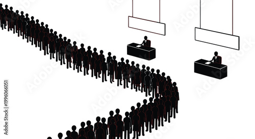 Many people standing in a long line waiting for service at professional office reception desks