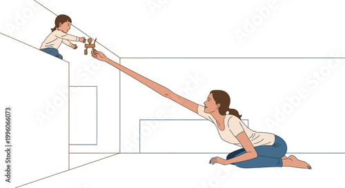 Mother with extremely long arm reaching to give a toy bear to her child on a high ledge