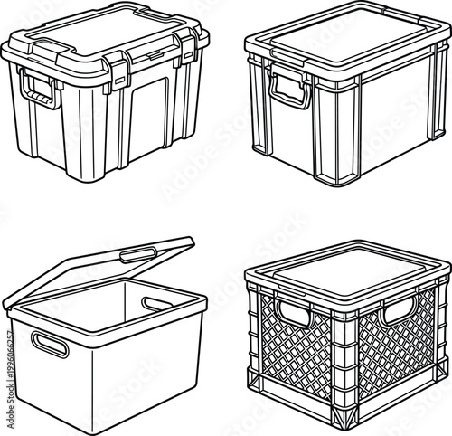Foto Group of vector illustrations featuring four different styles of plastic storage containers with high resolution detail