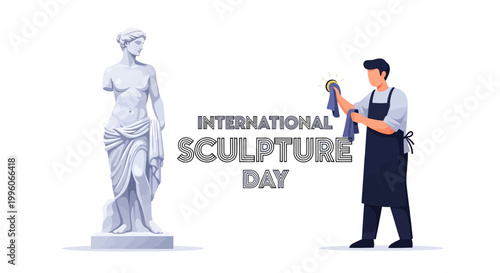For International Sculpture Day, a vector illustration shows a craftsman in a dark apron cleaning a classical marble statue with a blue cloth, set against a clean white background
