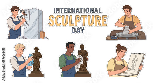 A vector illustration showcases International Sculpture Day with artists working on various sculptures using different mediums, set against a clean white background with a light and airy