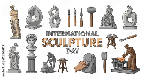 A vector illustration celebrates International Sculpture Day with a collection of diverse sculpture designs, ranging from classical statues to abstract forms, presented alongside the tools