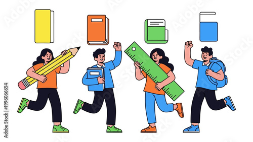 Study Materials and Student: Enthusiastic students, accompanied by academic materials, embark on a learning adventure, exuding excitement and the anticipation of new discoveries.