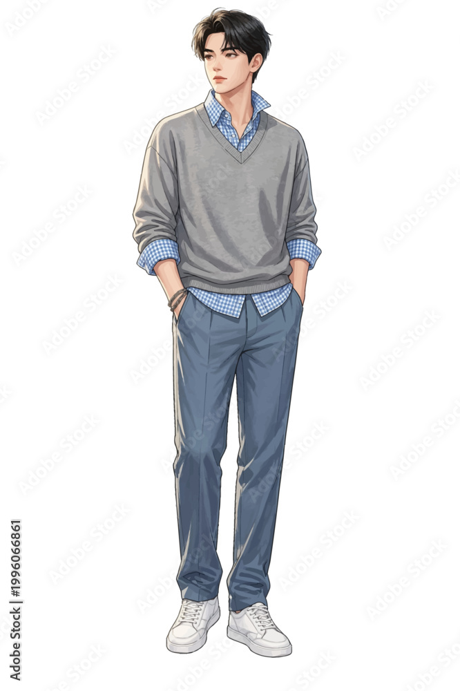 Naklejka premium This image shows a stylish young man in a smart casual outfit standing in a modern urban environment with soft natural lighting.