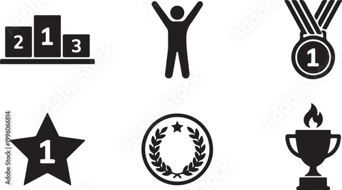 Collection of award and victory icons with winners podium and laurel wreath Isolated on white background