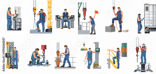 Set of industrial worker character illustrations performing various professional tasks including crane operation, cargo handling, site inspection, and communication on white background.
