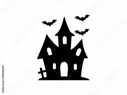 Spooky Haunted House Silhouette with Flying Bats and Cemetery Cross