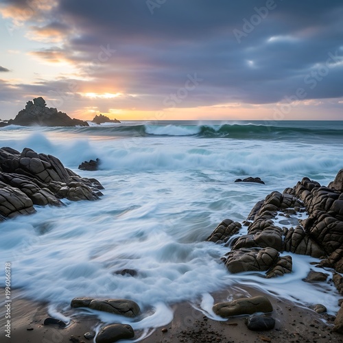 Coastal Serenity - Waves Crashing on Rocky Shore at Sunset.