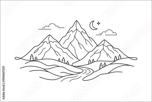 Mountain view with trees on the river bank at night line vector