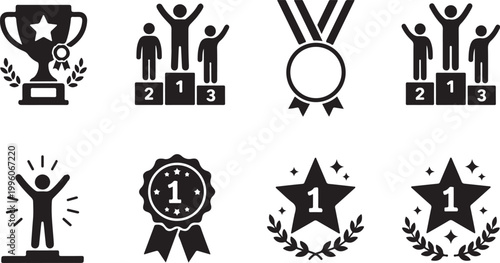 Celebration victory icons with trophy medal and podium achievements Isolated on white background