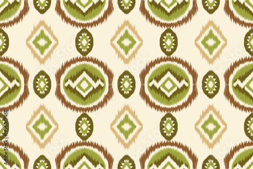 Seamless ikat pattern ethnic geometric tribal ornament textile repeat background boho traditional fabric design green abstract decorative motif print.