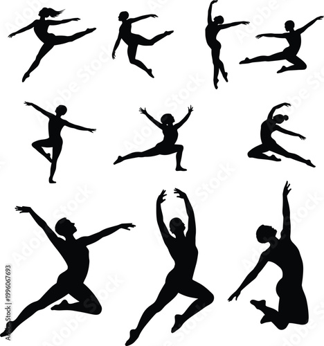 Ballet dancers silhouettes collection, graceful dance poses, artistic movement and flexibility, performance art concept modern elegant illustration setBallet dancers silhouettes collection