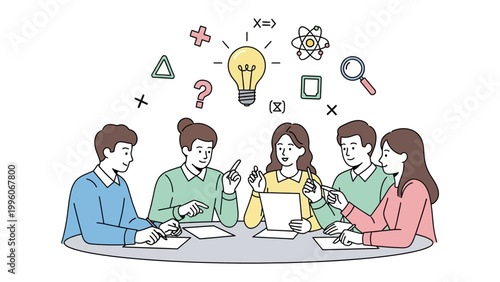 Creative Collaboration: A team of thinkers converge around a table, brainstorming ideas with animated icons overhead, symbolizing innovation and problem-solving. 