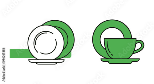 Green Tea Cup Plate Line art clean illustration vector