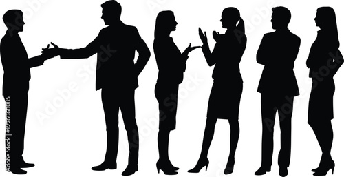 Business people silhouettes handshake and discussion scene, professional communication, teamwork interaction, corporate meeting concept modern office illustration isolated set