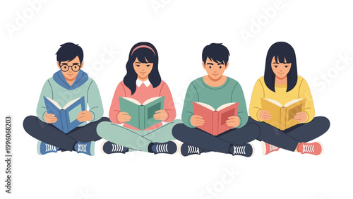 Reading Together: Four diverse individuals absorbed in the pages of their books, engrossed in the pleasure of reading. A vivid representation of education and the joy of knowledge.