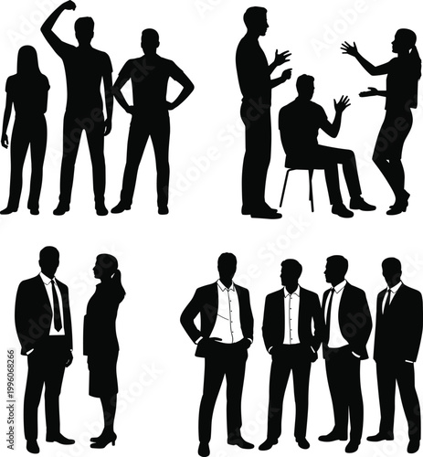 Business people silhouettes teamwork and communication set, professionals discussing, meeting, arguing, standing group corporate interaction concept modern illustration collection