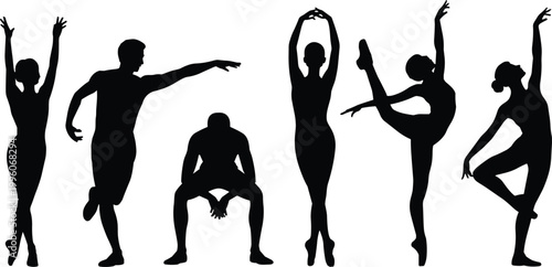 Dance silhouettes collection featuring couples and solo performers in dynamic poses, social dancing, movement expressions isolated on white background