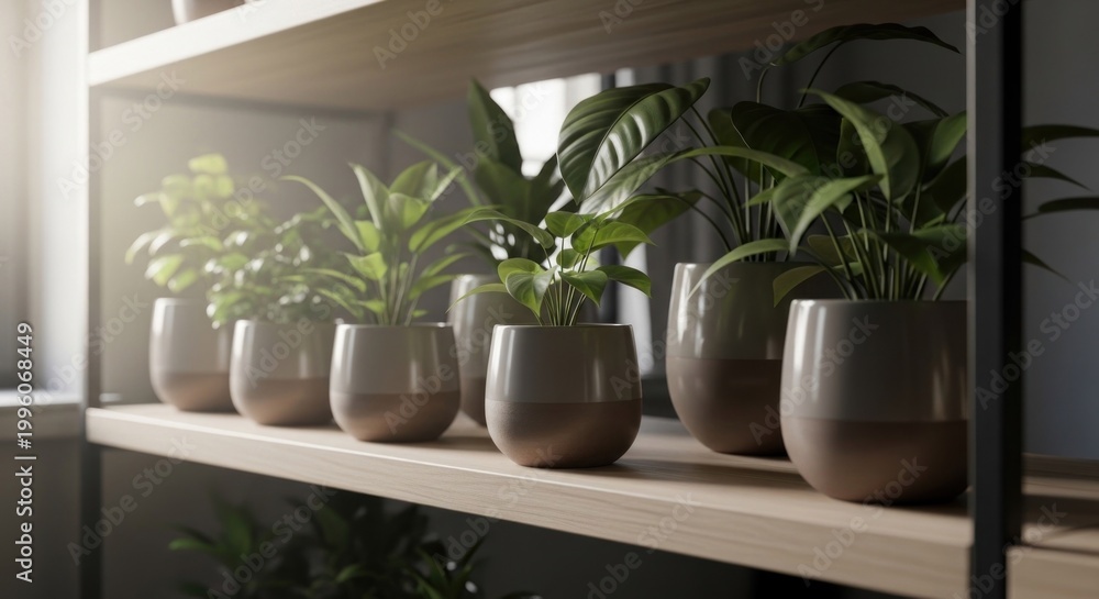 Fototapeta premium Shelf of Green Indoor Plants in Brown Pots.