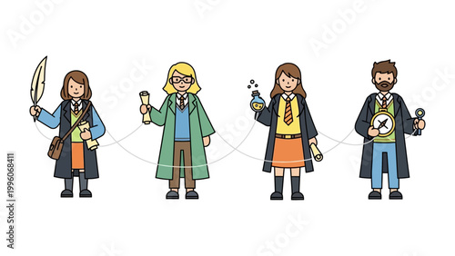Wizarding Professors Connected: Charming illustrated figures, each a professor, connected by dotted lines suggesting teamwork or a shared purpose, holding various magical items, such as a quill.