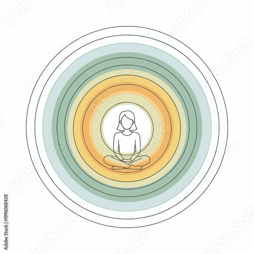 A woman meditating in a lotus position within concentric circles representing inner peace and calm.