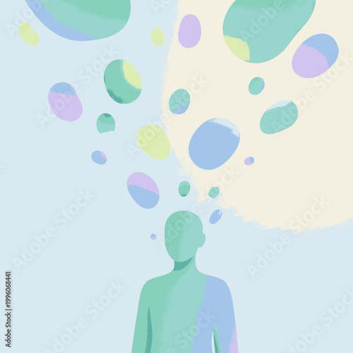 Abstract representation of a person's thoughts and ideas flowing outwards.