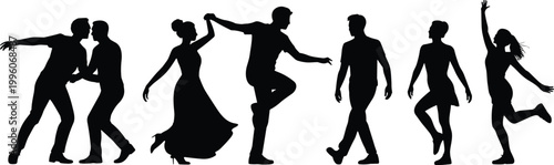 Dance silhouettes collection featuring couples and solo performers in dynamic poses, social dancing, movement expressions isolated on white background