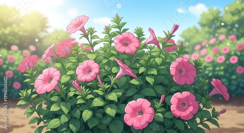Vibrant Pink Petunias in a Lush Garden Setting Anime Style.