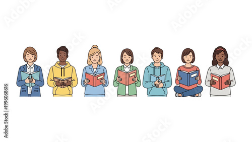 United in Stories: A diverse group of people engrossed in the magic of books, each with their own story and a shared love of reading.