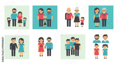 Diverse family groups standing together.