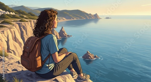 Woman enjoying the view of the sea from a cliff.