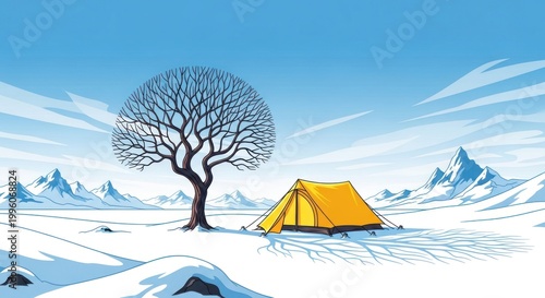 Winter Camping Adventure Tent Under Bare Tree in Snowy Landscape.