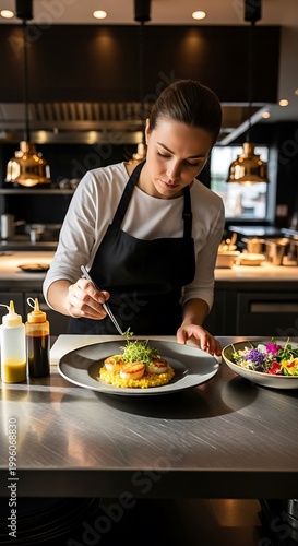 Chef meticulously plating a gourmet dish in a professional kitchen.