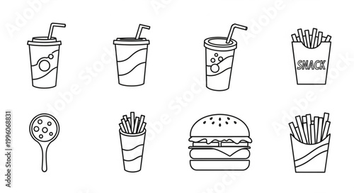 Fast Food Items Line Drawings.