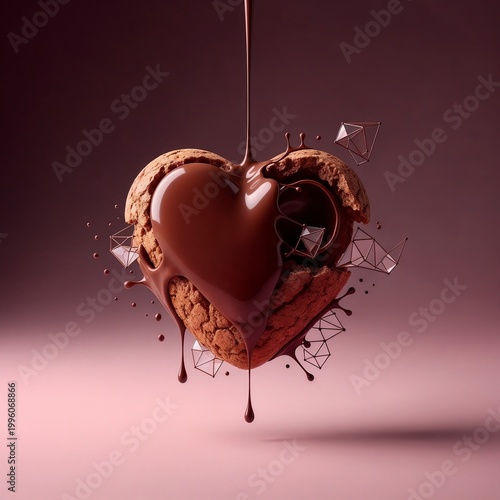 Chocolate heart dripping with melted glaze and geometric shapes  