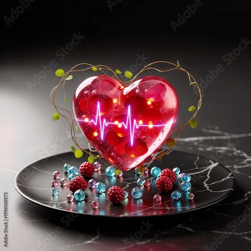 Jelly dessert in the shape of a heart with a heart rhythm on a black platter
