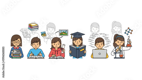 Scholarly Pursuits: A mosaic of students absorbed in the pursuit of knowledge, spanning from literature to science, embodies the essence of education and the boundless power of learning.