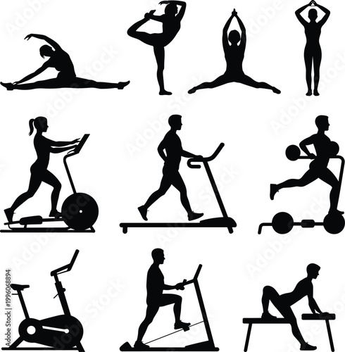 Fitness silhouettes collection featuring stretching, yoga poses, treadmill running, cycling, strength training exercises isolated on white background vector style