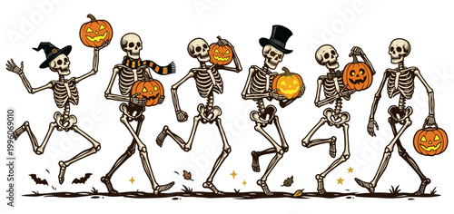 Set of funny skeletons with pumpkins celebrating Halloween, vector illustration.