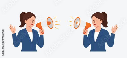 A businessman in a suit making a loud announcement with a megaphone, symbolizing marketing, leadership, and communication.