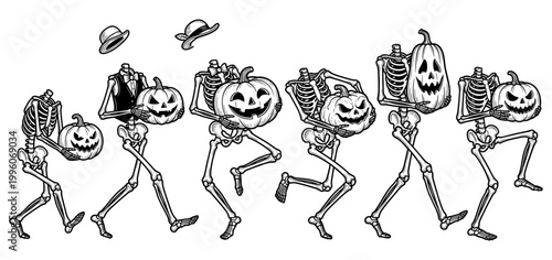 Halloween skeleton parade carrying pumpkin (jack o lanterns) line art vector illustration.
