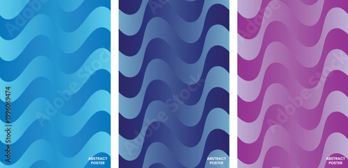 Fluid wavy line poster set with vertical blue navy and lavender gradients for contemporary branding and decorative backgrounds.