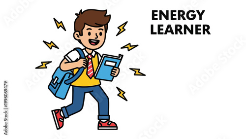 Energetic Learner: An illustration of a young student, brimming with energy as he heads to school with a backpack and a book in hand, embodying enthusiasm for knowledge.