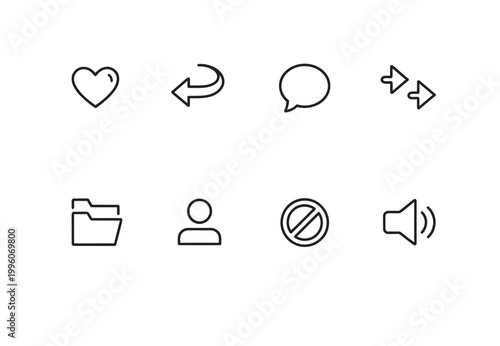 Set of simple line icons for social media, communication, and user interface elements