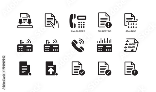 Collection of icons representing file operations, communication, and technology