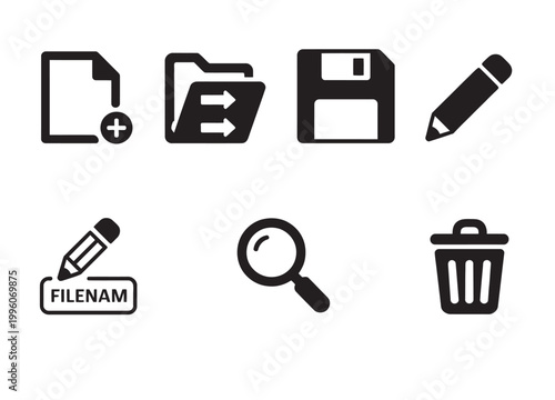 Set of seven black icons for file management, editing, search, and deletion operations