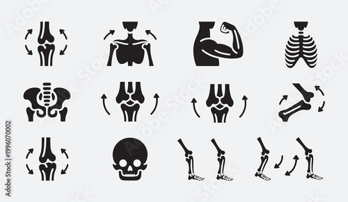 Human anatomy icons showing joint movement, skeleton, and muscle.