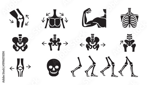 Human anatomy icons illustrating joint movement and body parts.