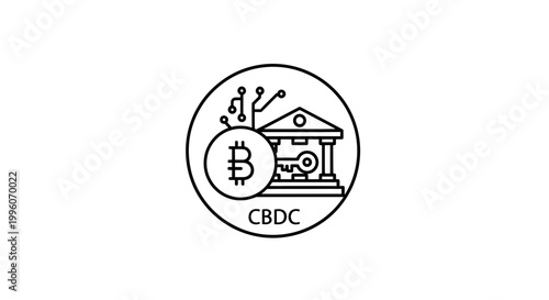 CBDC concept: Bitcoin symbol, key, bank building, digital circuits, central bank digital currency